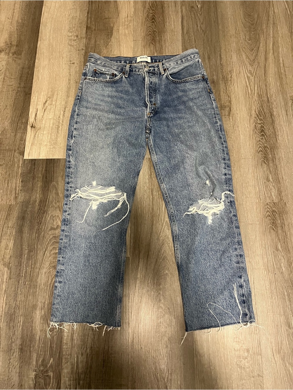 AGOLDE High Rise Straight Leg Distressed Raw Hem Jeans Blue Denim Women’s 29